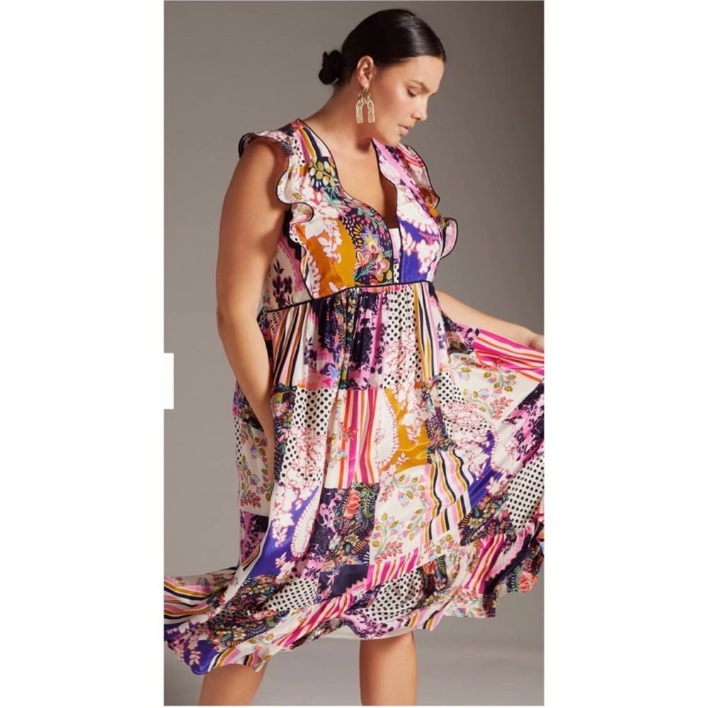 Anthropologie Boho Patchwork Floral Midi Dress Ruffle Sleeve Flowy Tiered Dress
